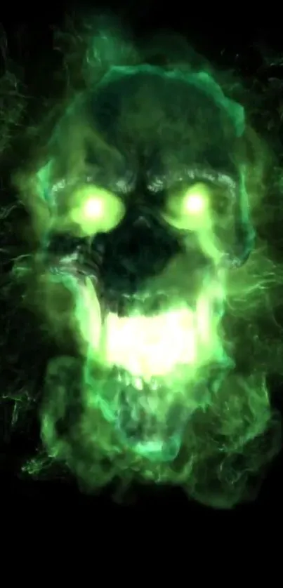 Eerie glowing skull with green smoke on a dark background for mobile wallpaper.