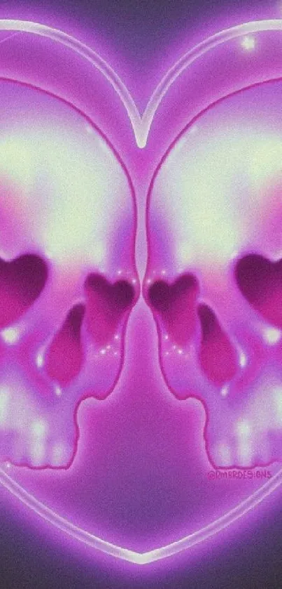 Vibrant neon heart with skull design in purple hues.