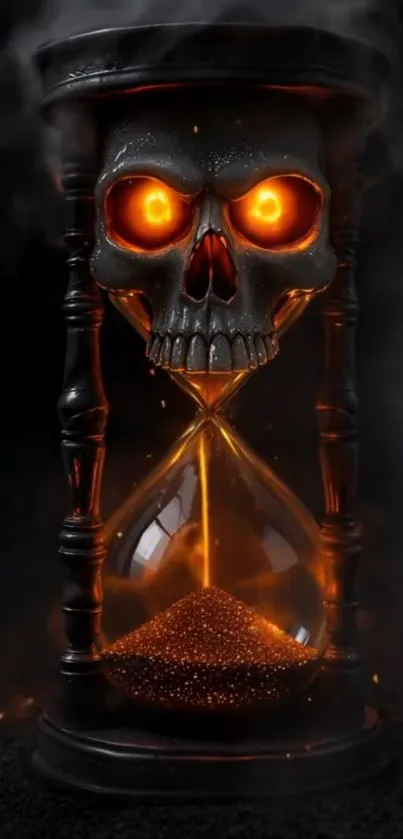 Glowing skull hourglass with fiery eyes.