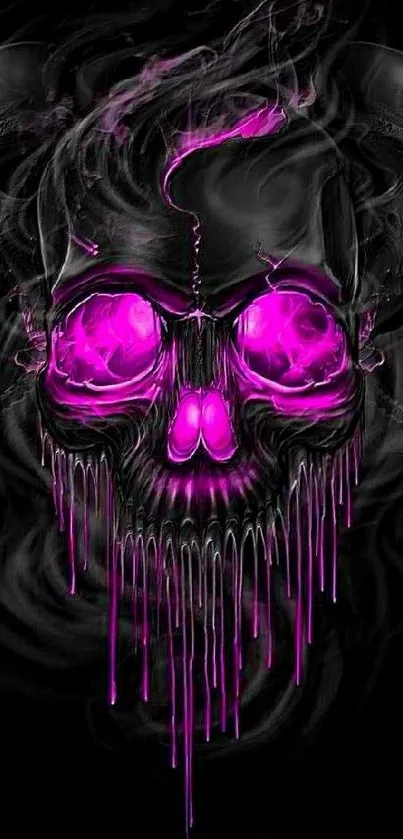 Neon pink glowing skull with dark background.