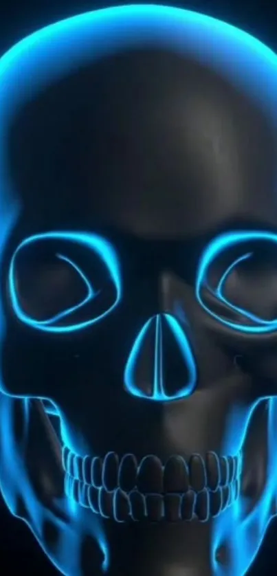 Glowing neon blue skull on dark background.