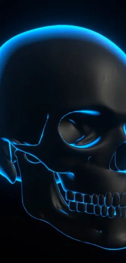 Futuristic skull with neon blue glow on a dark background.