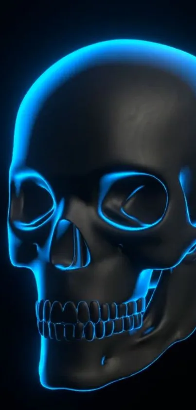 Neon blue glowing skull on dark background.