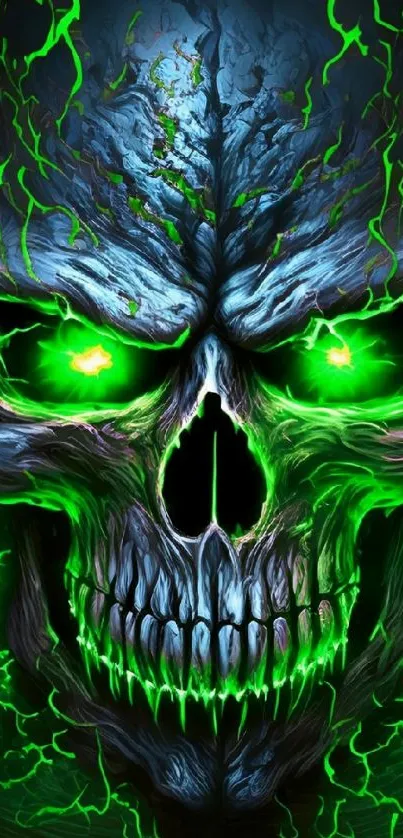 Neon green glowing skull on dark background wallpaper.