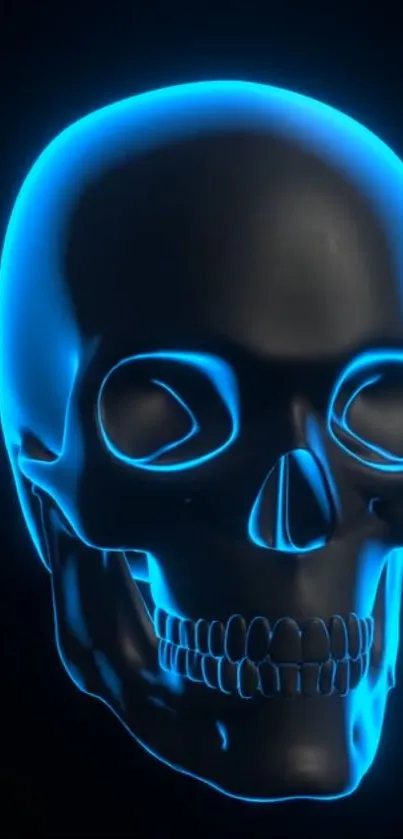 Blue glowing digital skull design on black background.