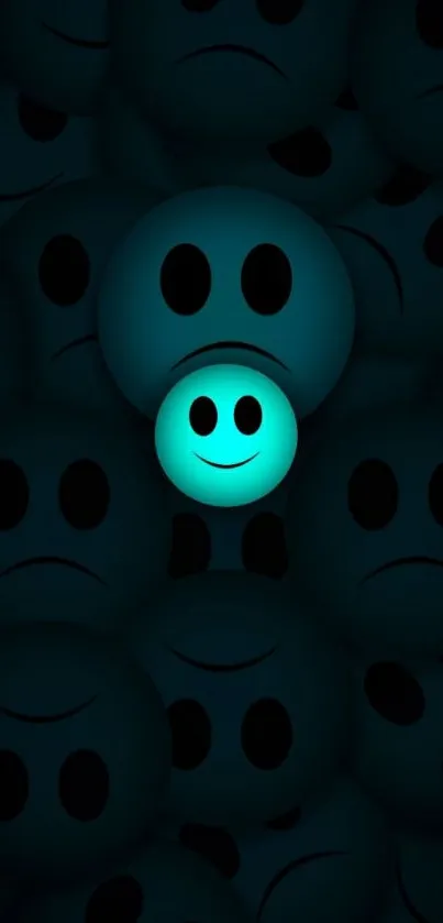 Bright glowing smiley face amidst sad emojis on dark background.