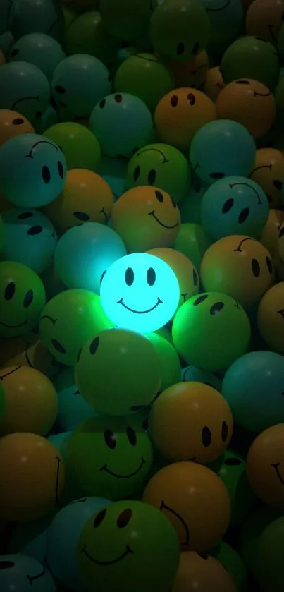 Mobile wallpaper with a glowing teal smiley face among other smileys.