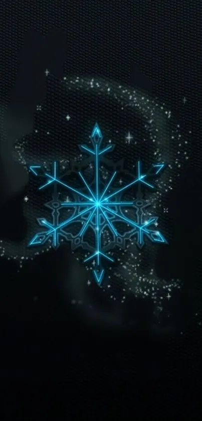 Neon blue snowflake on starry black wallpaper.