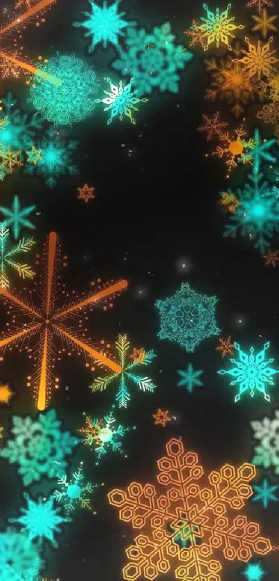 Vibrant snowflake pattern on black background for mobile wallpaper.