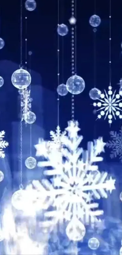 Glowing snowflakes hang on a dark blue background.