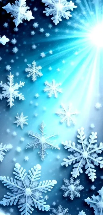 Glowing snowflakes on cyan glowing background mobile wallpaper.