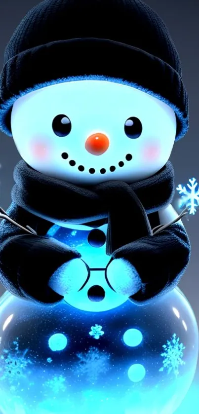 Glowing snowman with blue hues and snowflakes, perfect winter mobile wallpaper.