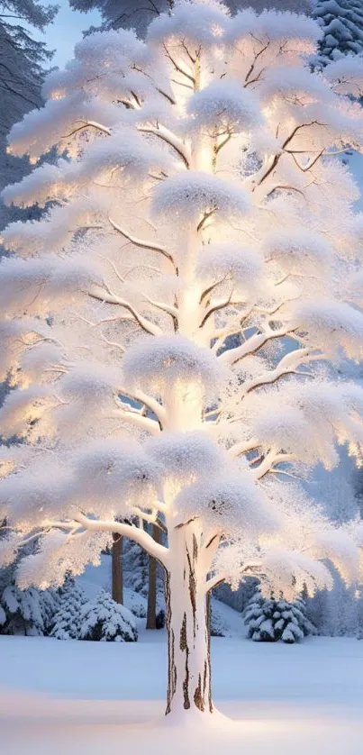 Luminous snow-covered tree in a tranquil forest setting.