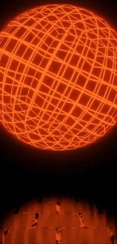 Futuristic neon wallpaper with a glowing red sphere and intricate net pattern.