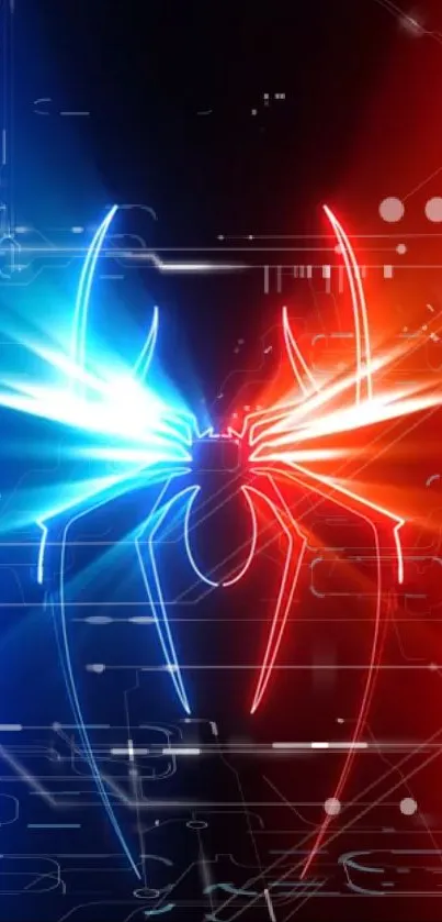 Futuristic glowing spider emblem in blue and red for wallpaper