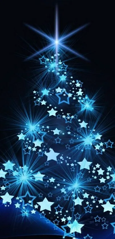 Blue starry Christmas tree on a dark background.