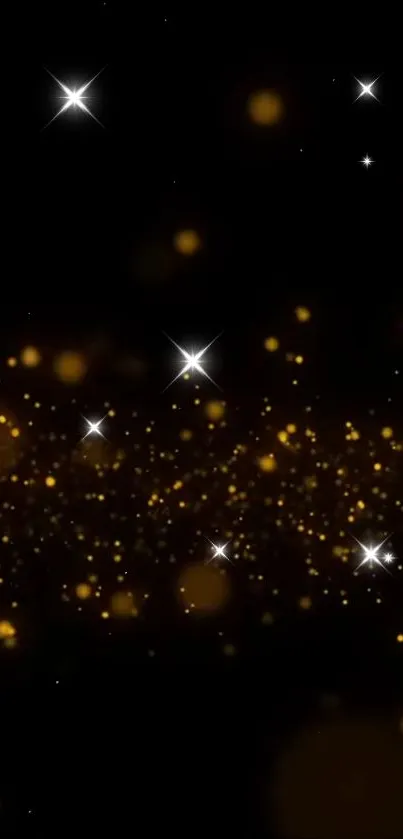 Mobile wallpaper with glowing stars and golden sparkles against a black background.