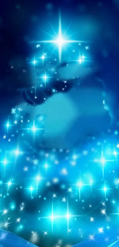 Glowing blue night with twinkling stars.