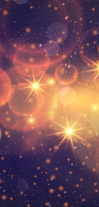 Glowing starry night wallpaper with golden bokeh lights and celestial effects.