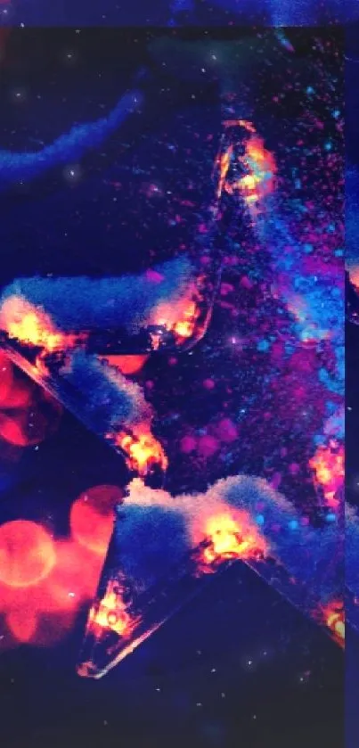 Starry night wallpaper with glowing bokeh lights and snowy star.