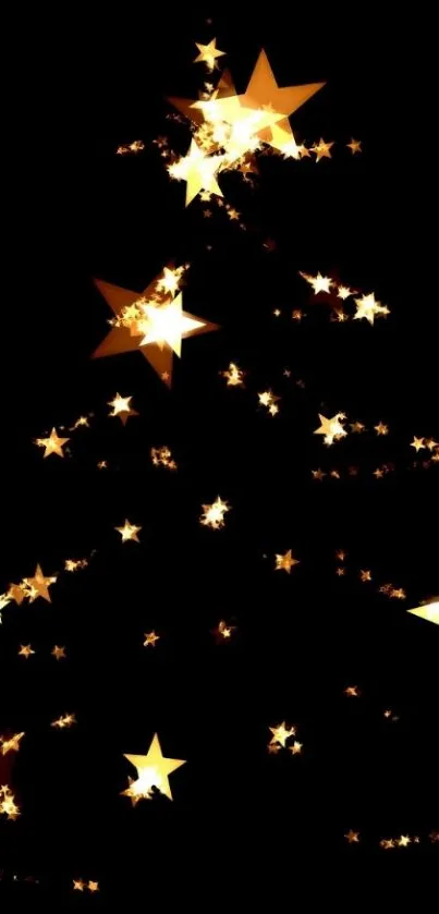 Mobile wallpaper with glowing golden stars on a black background, forming a tree shape.