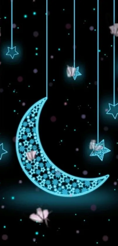 Glowing crescent moon and stars wallpaper with butterflies.