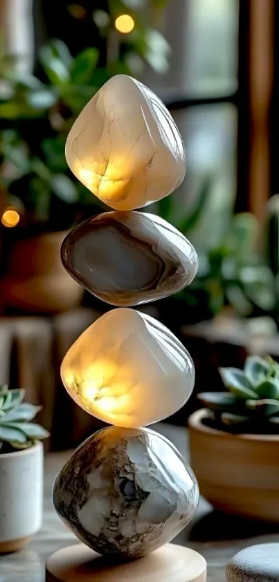 Stacked glowing stones with succulents