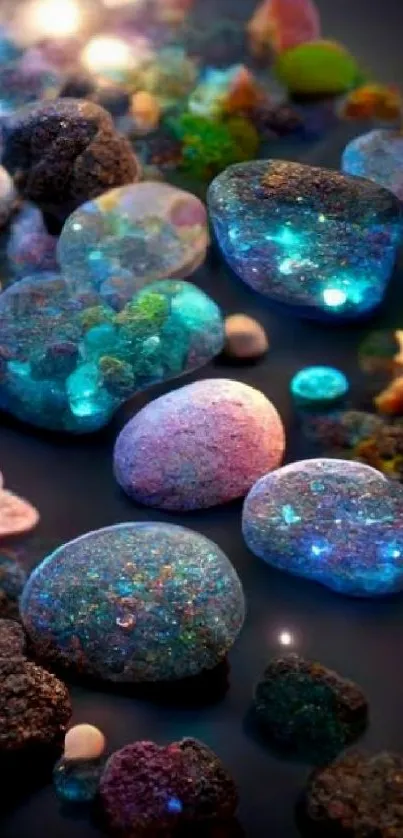 Glowing stones with luminescent colors creating a fantasy-themed mobile wallpaper.