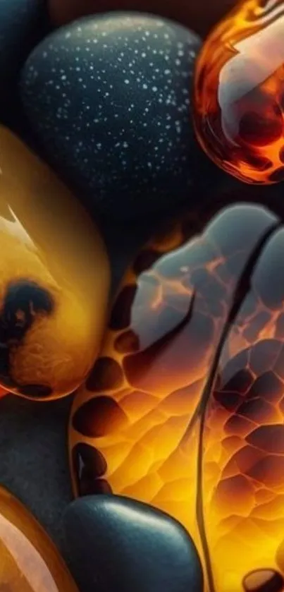 Amber stones glowing on black pebbles wallpaper.