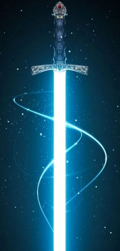 Glowing sword with blue light on a dark background wallpaper.