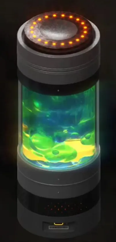 Futuristic glowing cylinder with neon colors on a dark background.