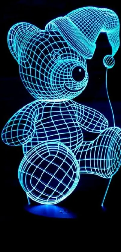 Neon teddy bear with wireframe design glowing against black background.