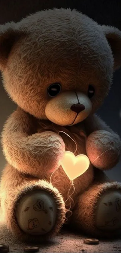 Teddy bear with glowing heart surrounded by coins, creating a cozy ambiance.