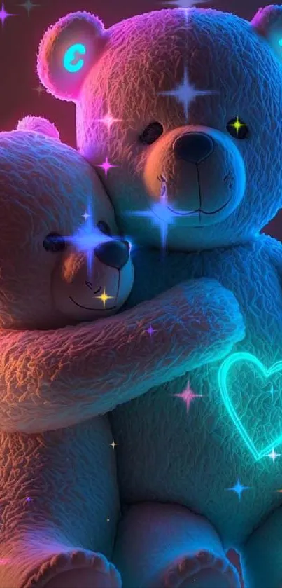 Two teddy bears with glowing neon hearts.