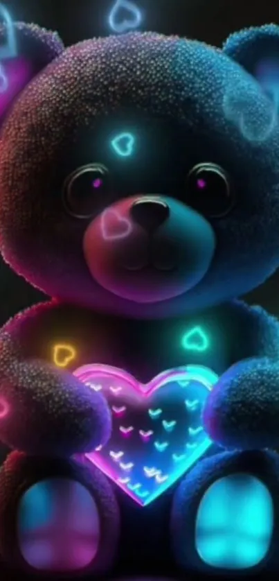 Teddy bear with neon heart lights glowing.