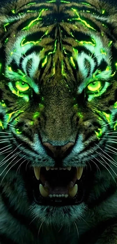 Glowing tiger eyes with neon green accents, fierce and captivating imagery.