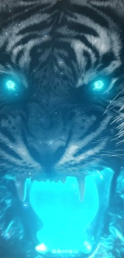 Fierce tiger with glowing blue eyes and mouth in a dark, dramatic wallpaper.