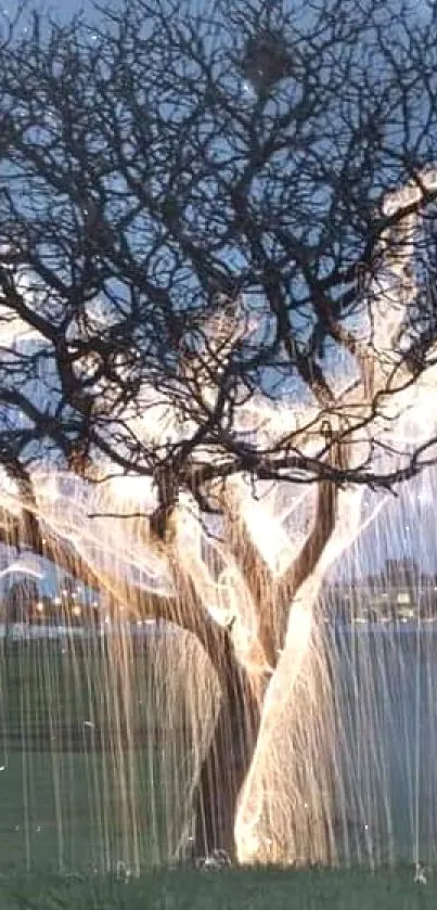 Glowing tree in an evening field, capturing a magical aura.