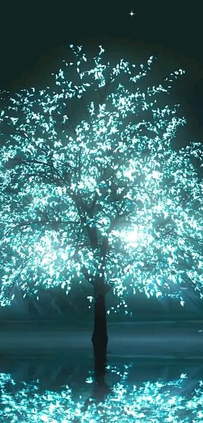 Glowing tree with teal leaves at night.