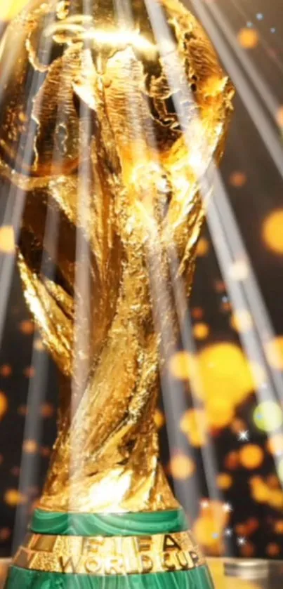 Golden soccer trophy with radiant lights on dark background.