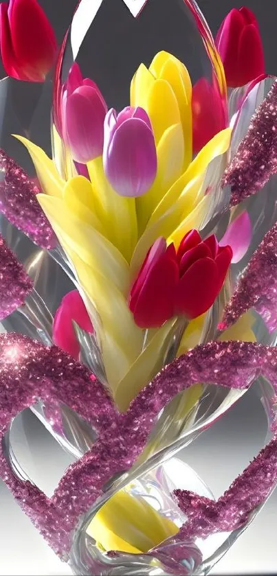 Floral wallpaper featuring colorful tulips in a glass vase art display.