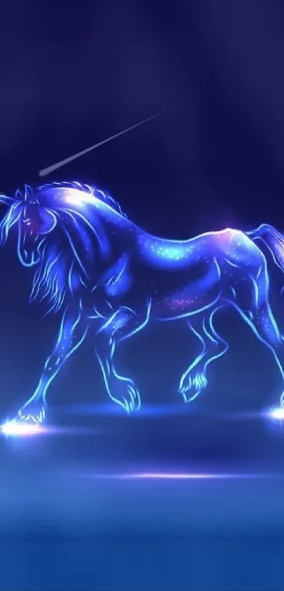 Glowing blue unicorn on a dark background mobile wallpaper.