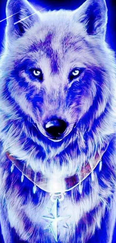 Glowing wolf art with blue hues on a mobile phone wallpaper.