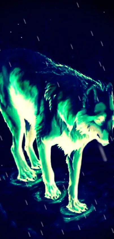 Neon green wolf standing in rain under dark sky.