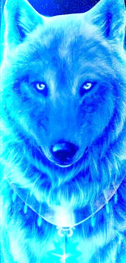 Glowing blue wolf in a galaxy setting with luminous features.