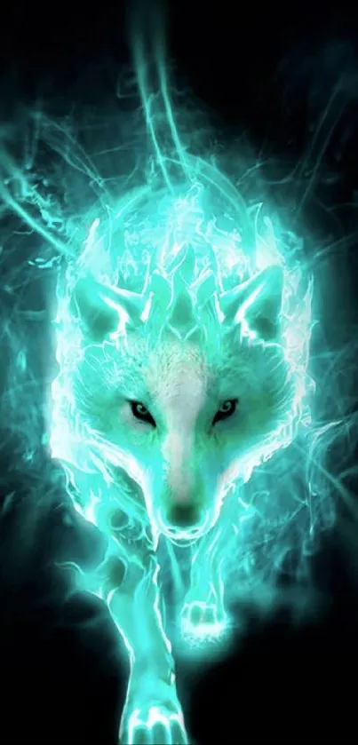 Glowing cyan wolf with black background mobile wallpaper.