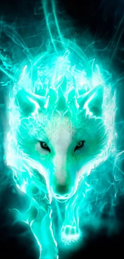 Turquoise glowing wolf mobile wallpaper with energy effects.