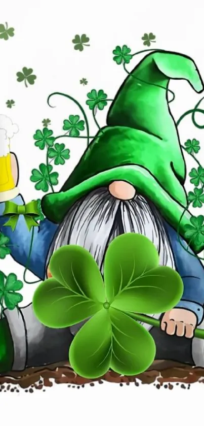 Whimsical gnome with clover and beer on white background.