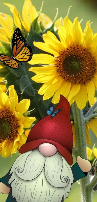 Gnome with sunflowers and butterflies on nature-themed wallpaper.