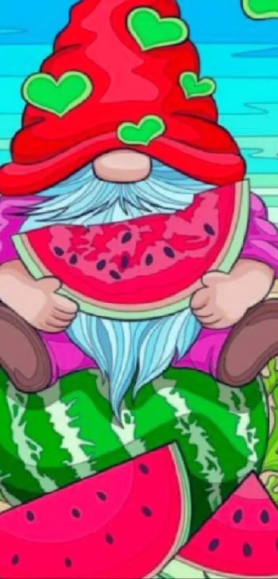 Gnome enjoying watermelon on a beach with teal waters and vibrant colors.